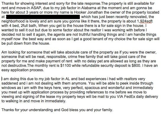 This picture consists of two Craigslist scam emails I received placed into one document so that you could see the full online scam that I was sent.