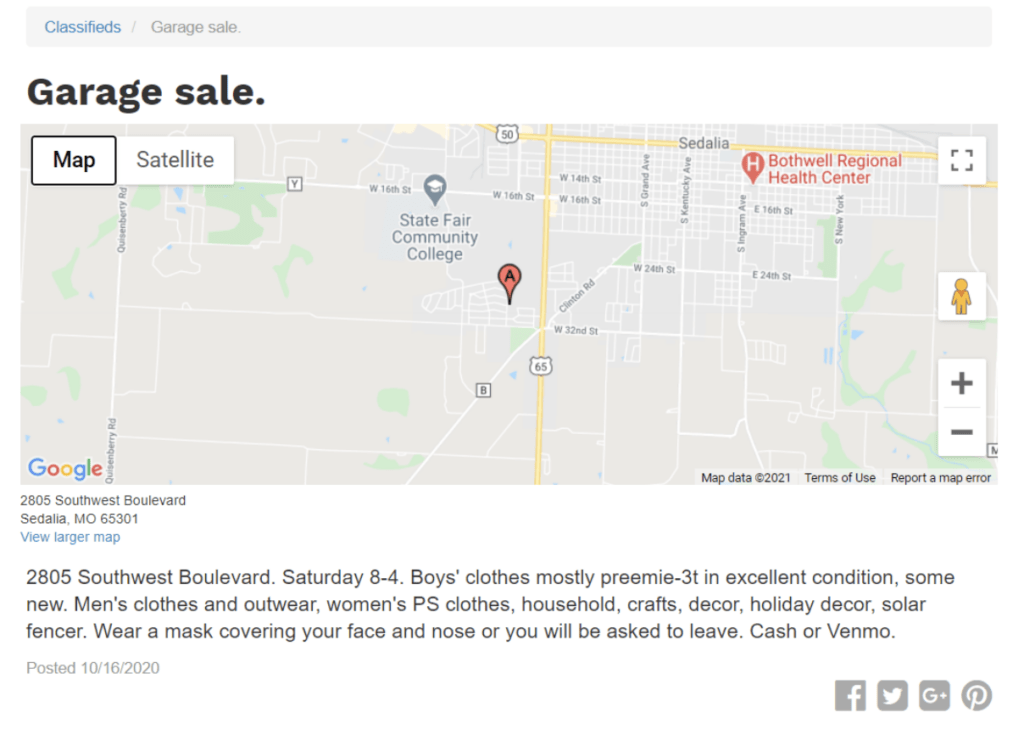 (Online Garage Sale Ad from my local newspaper)