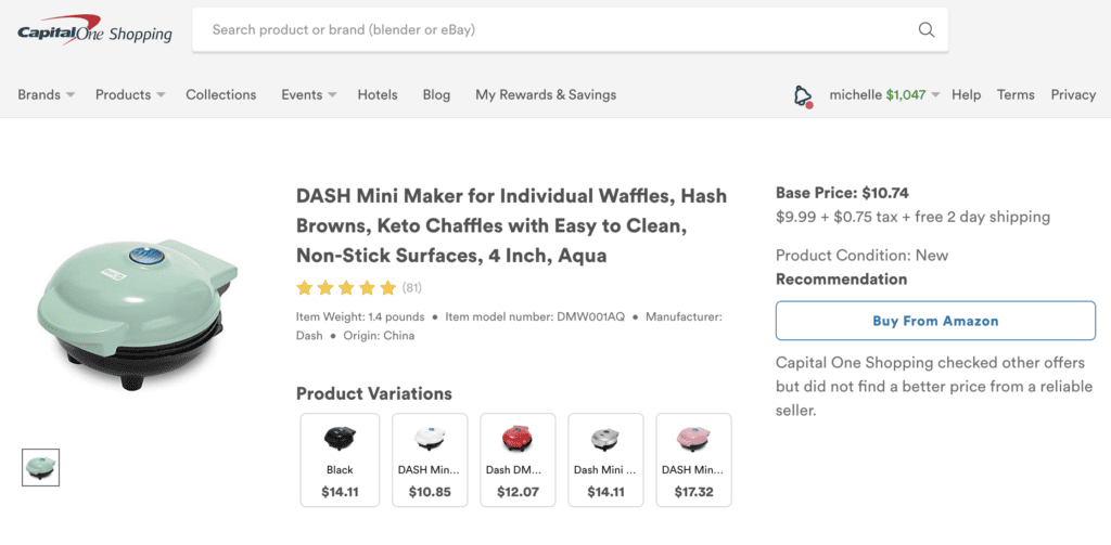 Capital One Shopping's price comparison tool